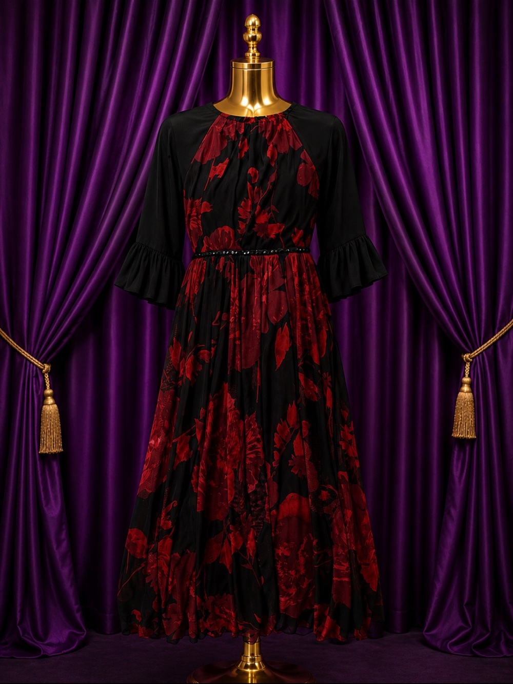 Elegant Black & Red Floral Maxi Dress